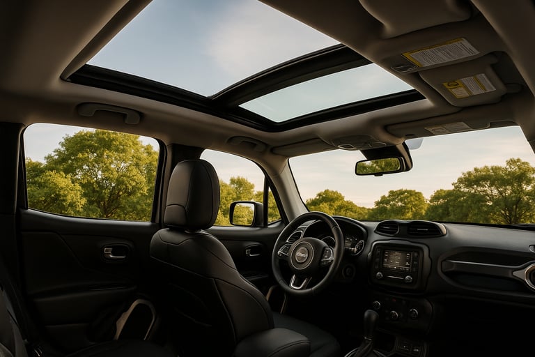 Interior do Jeep Renegade com teto solar panorâmico parcialmente aberto, vista ampla e iluminação na
