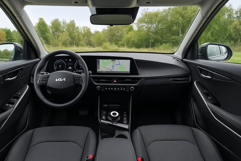 Interior moderno do Kia Niro com painel digital, acabamento refinado e câmbio automático.