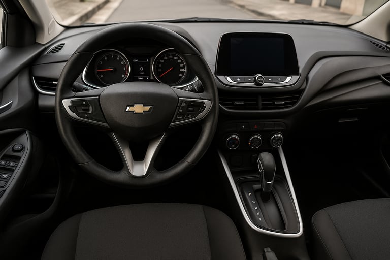 Interior de Chevrolet Onix 1.0 usado com volante multifuncional e painel central