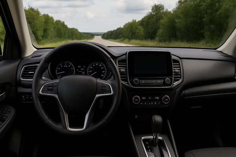 Interior de SUV moderno automático visto do banco do motorista, com volante, painel digital e câmbio