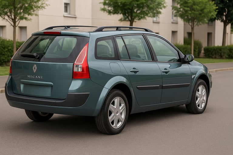 Renault Mégane Grand Tour verde visto de traseira e lateral em rua urbana.