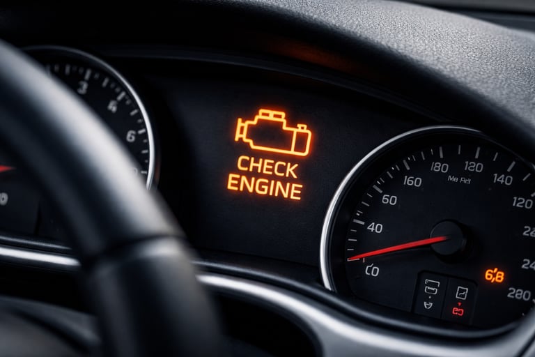 Painel de carro com luz de falha mecânica acesa indicando risco fora da cobertura do seguro