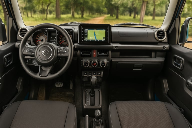 Interior moderno do Suzuki Jimny, painel central e teto solar parcialmente aberto em destaque.