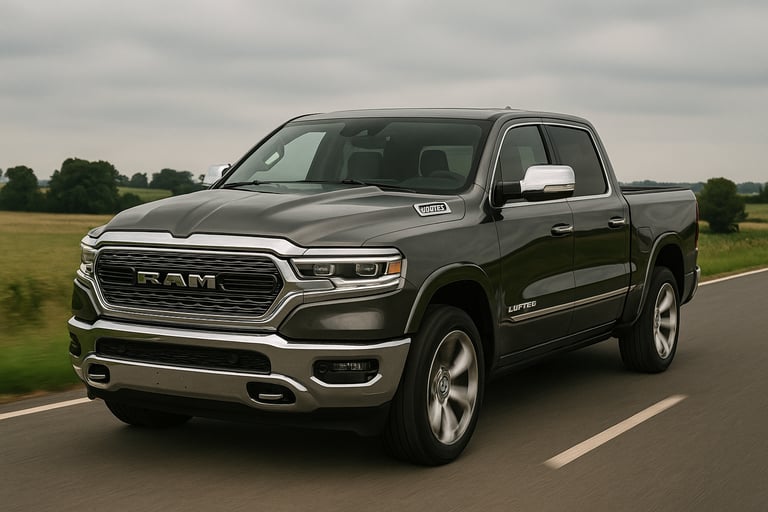 Dodge Ram 1500 Limited usada cinza rodando em estrada de pista simples