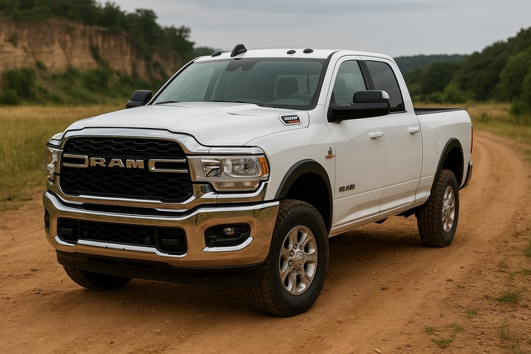Dodge Ram 2500 branca usada em estrada de terra com destaque frontal
