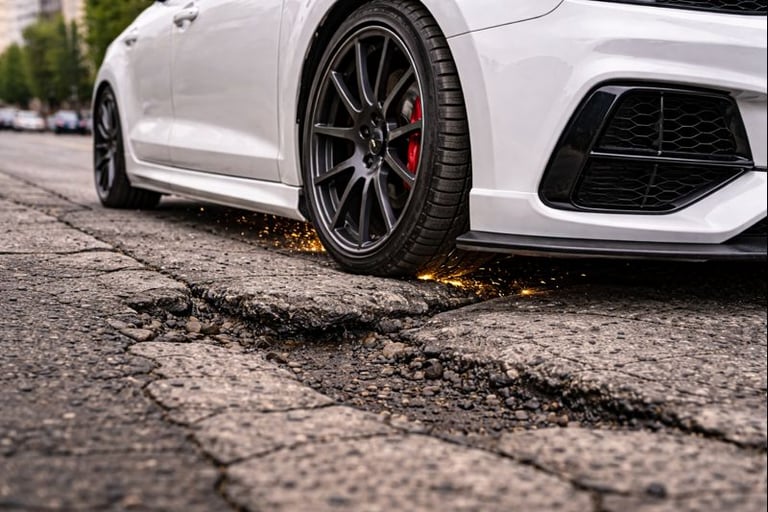 Carro baixo raspando o fundo no asfalto ao passar por rua esburacada em ambiente urbano