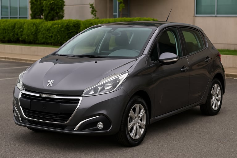 Peugeot 208 1.6 prata em ambiente urbano, visto de frente em ângulo 3/4, com design moderno e elegan