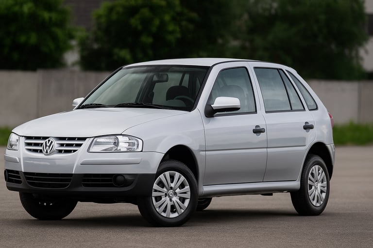 Volkswagen Gol 1.6 prata em rua urbana, visto de frente em ângulo 3/4, totalmente visível e centrali