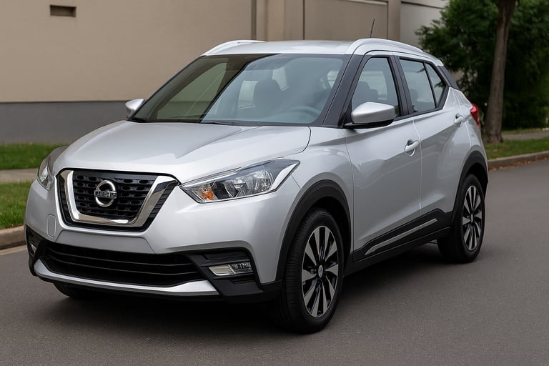 Nissan Kicks 1.6 cinza metálico estacionado em área urbana, ângulo 3/4 destacando design robusto.