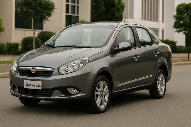 Fiat Grand Siena 1.6 prata estacionado em rua urbana, visto em ângulo 3/4, com design elegante e equ