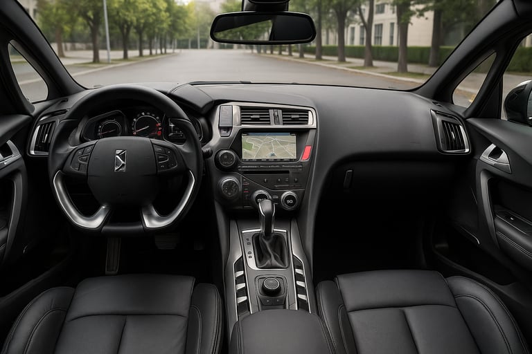 Interior do Citroën DS5 com acabamento em couro preto, painel moderno e teto panorâmico triplo em de