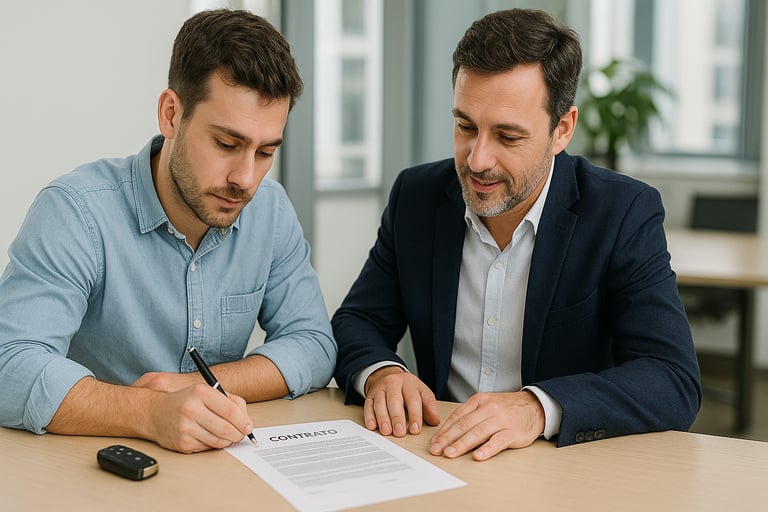 Cliente e vendedor assinando contrato de carro financiado em mesa com chave sobre os papéis