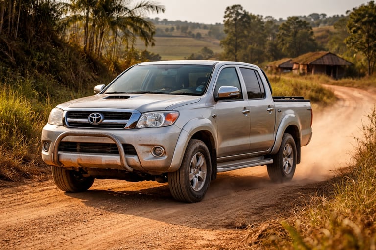 Toyota Hilux usada rodando em estrada de terra no interior do Brasil, simbolizando robustez e uso se
