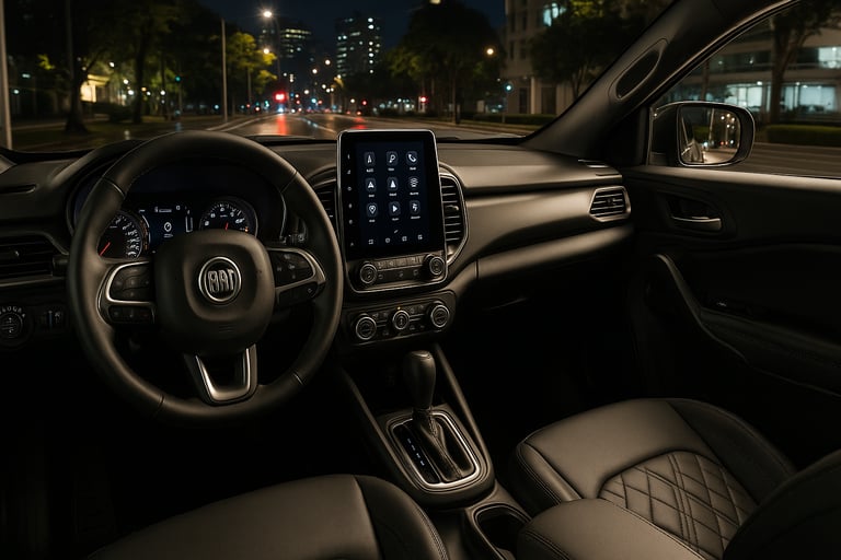 Interior da Fiat Titano 2025, destacando o painel central, volante multifuncional e acabamento moder