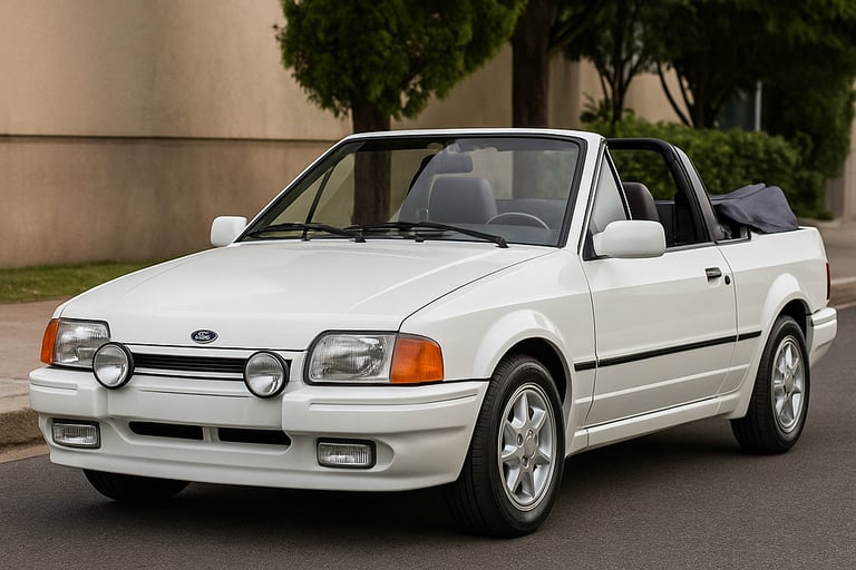 Ford Escort XR3 conversível vermelho dos anos 90 em destaque, com capota abaixada
