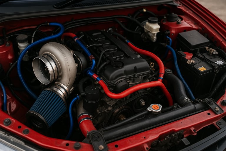 Motor de carro tunado usado com turbo esportivo, filtro de ar azul e mangueiras coloridas em destaqu