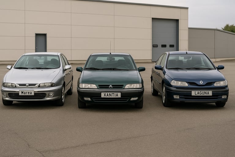Fiat Marea prata, Citroën Xantia verde escuro e Renault Laguna azul estacionados lado a lado em páti