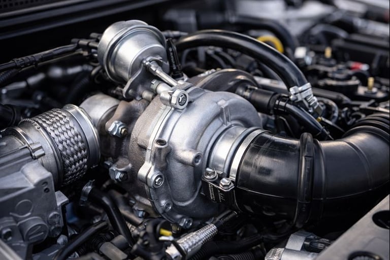 Turbocompressor de motor 1.0 turbo com mangueiras e conexões em detalhe técnico