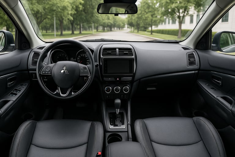 Interior do Mitsubishi ASX 2020 com painel moderno, volante multifuncional e bancos de couro preto.