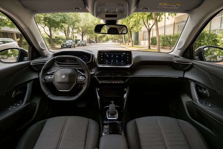 Interior de um Peugeot 2008 Allure usado, mostrando painel, volante e detalhes do acabamento em luz 
