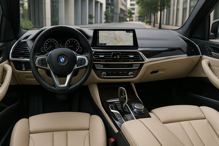 Interior de um BMW X5 xDrive30d de luxo, mostrando painel digital, console central e acabamento prem