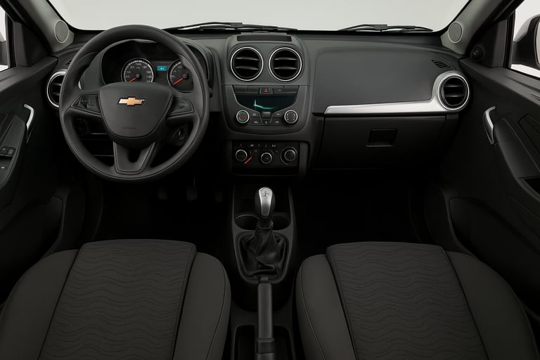 Interior do Chevrolet Agile com painel, volante e console central vistos de frente.