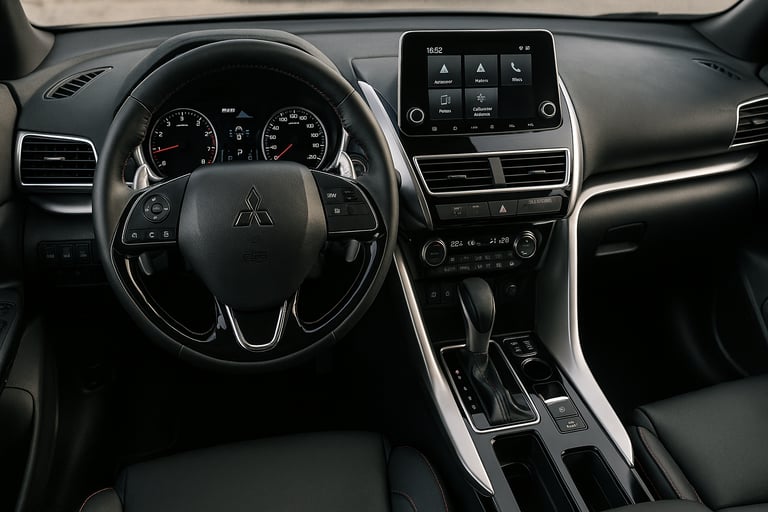 Interior do Mitsubishi Eclipse Cross com painel, multimídia e volante em destaque