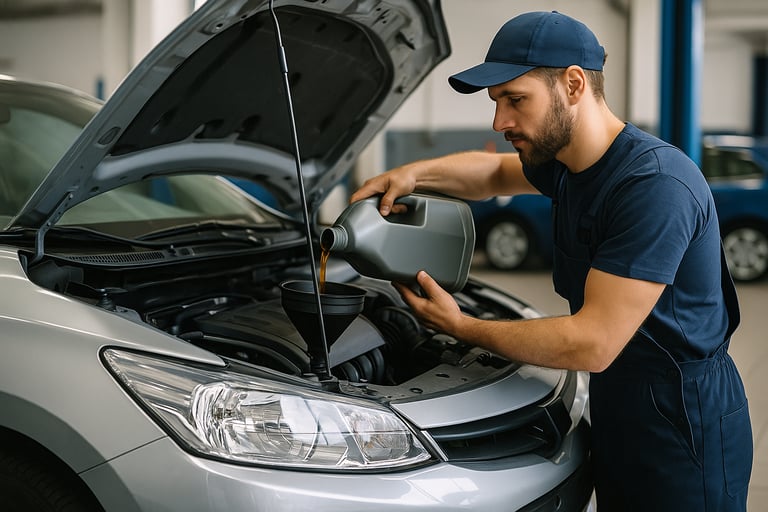 Mecânico despejando óleo de motor corretamente com funil em carro popular durante revisão