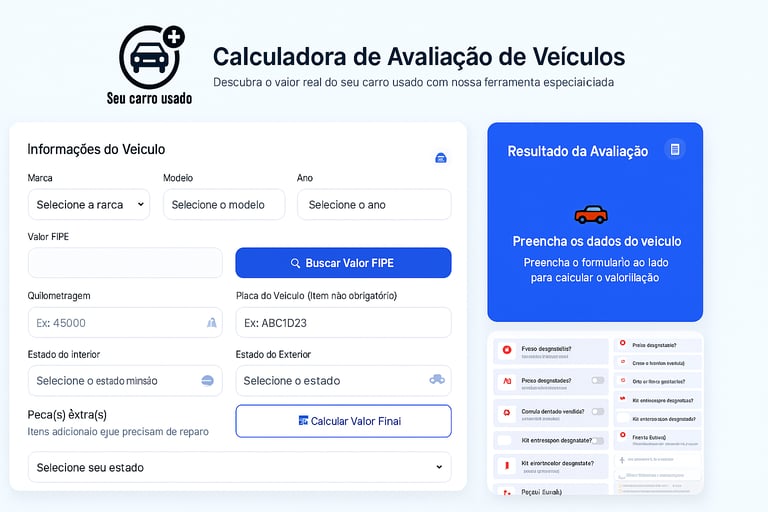 Tela da Calculadora de Avaliação de Carros Usados mostrando formulário com campos de marca, modelo, 