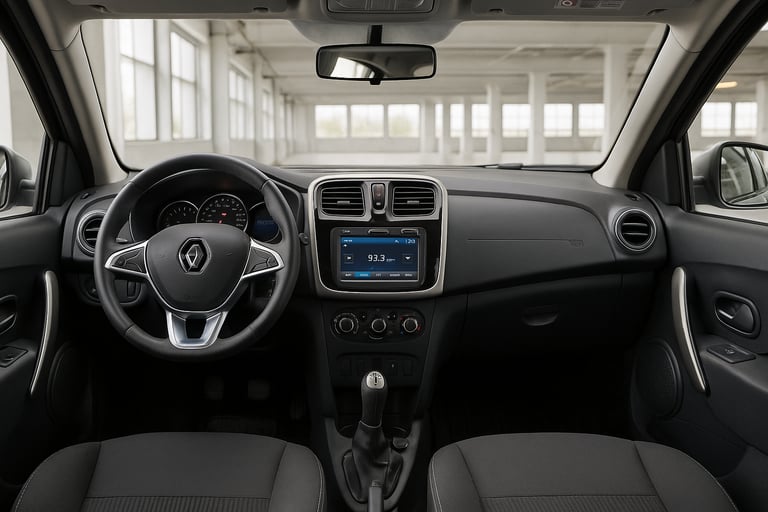 Renault Logan prateado estacionado em garagem ampla e iluminada com piso de concreto limpo.