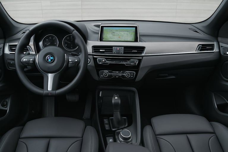 Interior do BMW X1 com volante, painel, tela central e console vistos de frente.