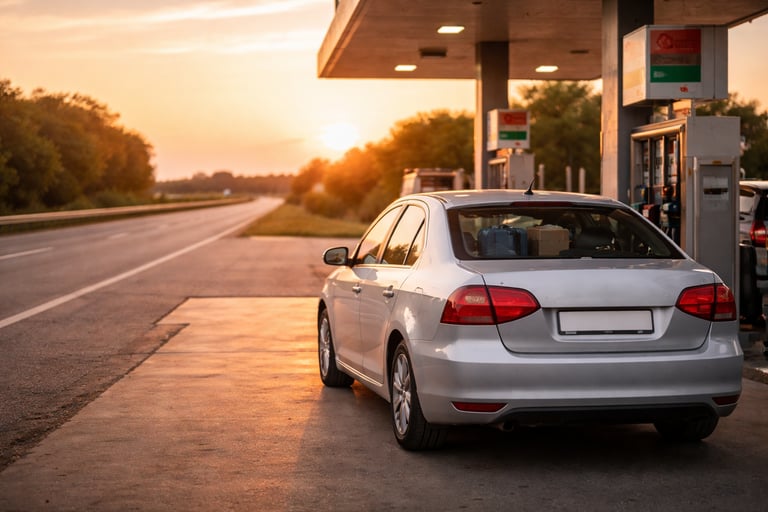 Carro sedã parado em posto de estrada ao entardecer, pronto para seguir viagem em uso contínuo.