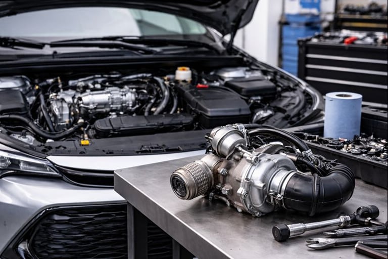 Turbocompressor sobre bancada de oficina ao lado de carro usado com capô aberto