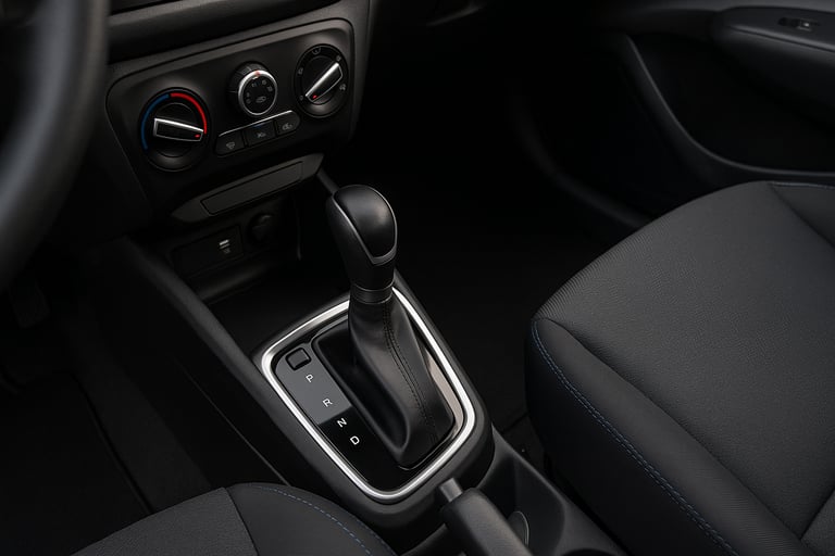 Interior de carro popular mostrando o câmbio automático entre os bancos dianteiros em destaque.