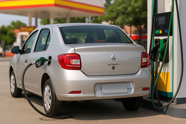 Renault Logan 1.4 prateado sendo abastecido em posto de combustível no Brasil durante o dia.