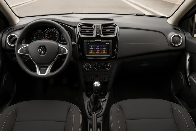 Interior de um Renault Sandero moderno com painel, volante e central multimídia iluminados naturalme