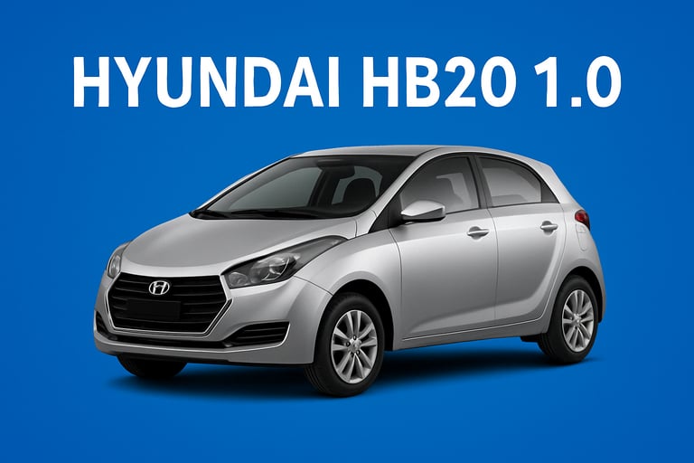 Hyundai HB20 1.0 prata visto de frente lateral, em fundo azul com visual limpo e moderno.