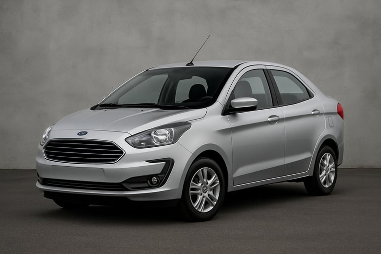Ford Ka Sedan prata fotografado em ambiente externo com fundo de parede cinza, visto em ângulo front