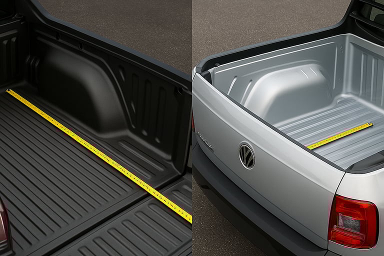 Comparação visual do espaço de caçamba entre Fiat Strada e Volkswagen Saveiro usadas