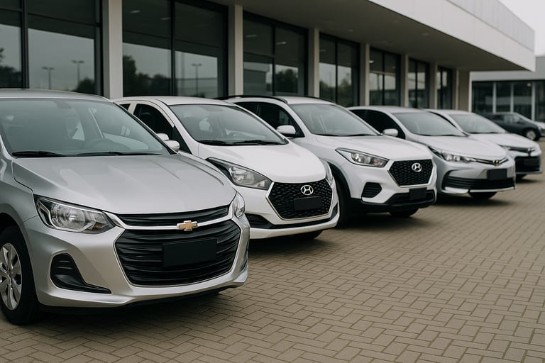 Pátio de concessionária de carros usados com modelos populares no Brasil