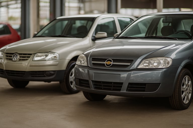 Volkswagen, Chevrolet e Fiat seminovos antigos alinhados em pátio coberto de concessionária