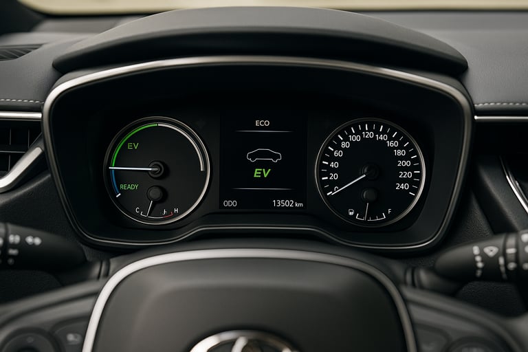 Painel digital de carro híbrido exibindo modos EV, ECO e POWER em destaque