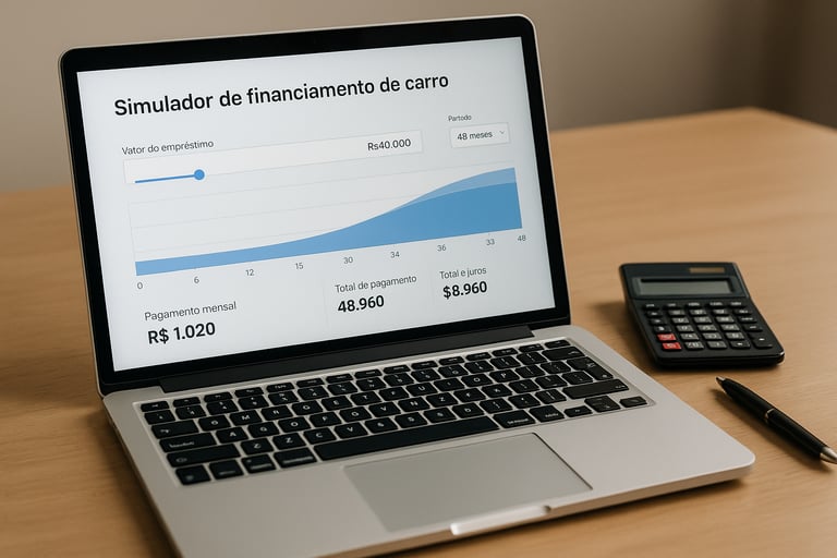 Simulador de financiamento de carro exibido em notebook com calculadora e caneta ao lado