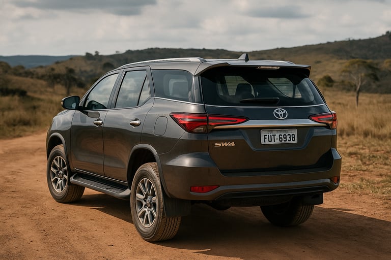 Toyota SW4 usada vista de traseira 3/4, destacando altura, robustez e espaço