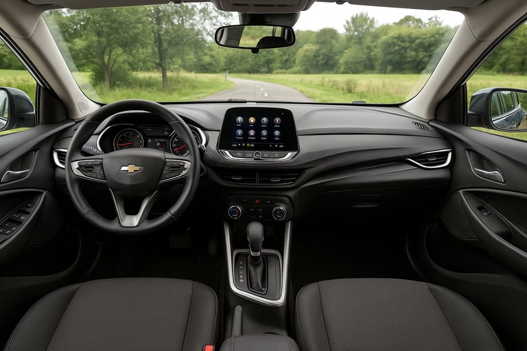 Interior do Chevrolet Tracker 2021 em destaque, mostrando painel moderno, multimídia e volante.