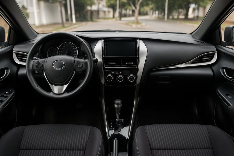 Interior do Toyota Yaris usado: painel, volante e câmbio CVT