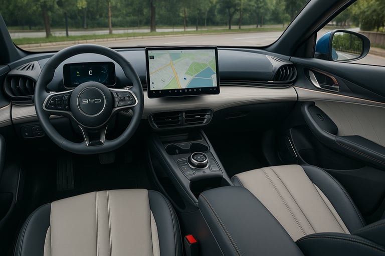 Interior do BYD Yuan Plus usado com painel digital e central multimídia moderna em destaque