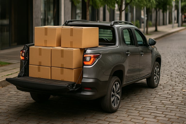 Fiat Strada cabine dupla usada transportando caixas na caçamba em ambiente urbano