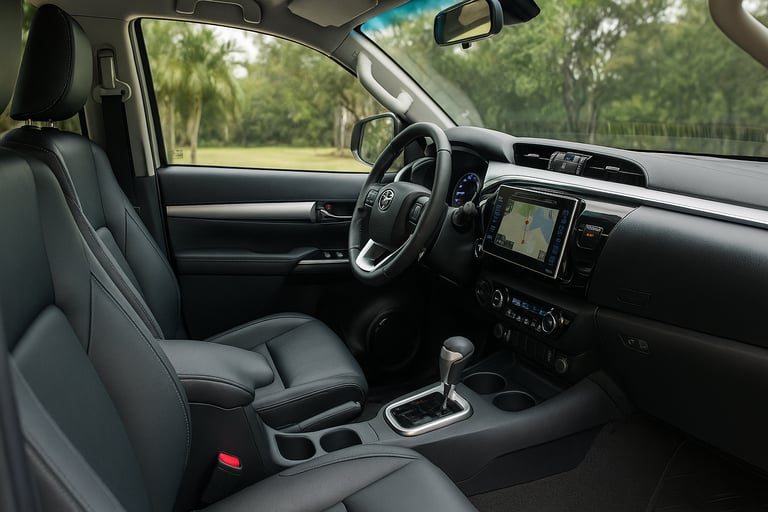 Interior da Toyota Hilux cabine dupla usada com bancos de couro e central multimídia, destacando con