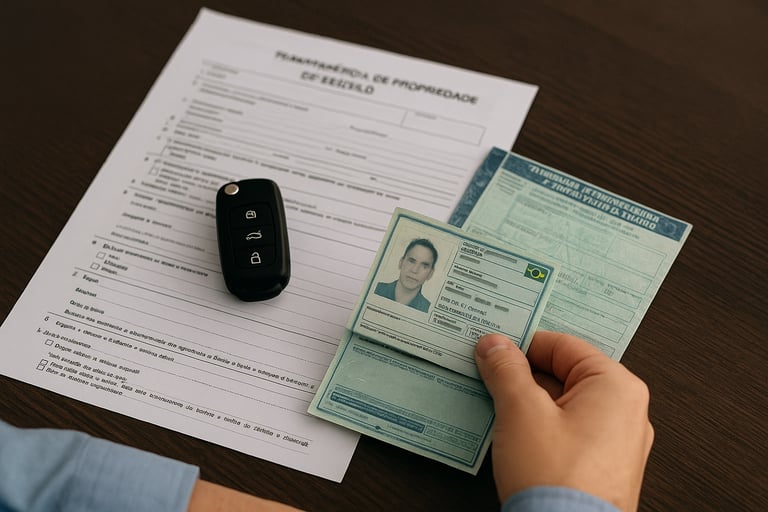Documentos automotivos essenciais organizados em mesa de madeira para checklist de transferência.